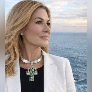 Sterling silver Large 3” cross abalone inlay pendant scroll decorative bail